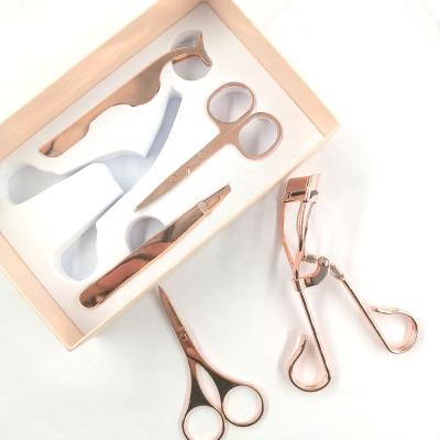 China Fashional 4 Tools Eyelash Curler Wholesale Mink Eyelashes Applicators Box Scissors Rose Gold Tweezers Remover Clip Eyelashes Curler Lift Whips Tools for sale