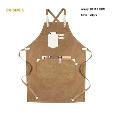 China Custom Logo Drinks/Food Logo BBQ Canvas Leather Work Tool Salon Apron Bartender Chef Cooking Barber Kitchen Aprons for sale