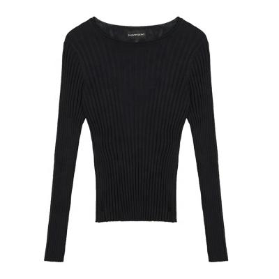 China Hot Anti-Wrinkle Switch Design Knitted Top Ladies Solid Fitted Rib Crew Neck Sweater For Women Sweater Manufacturer for sale