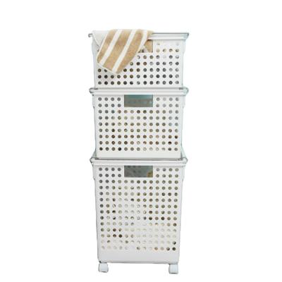 China Sustainable Multilayer Stackable Plastic Laundry Basket Tall Storage Boxes With Wheel for sale