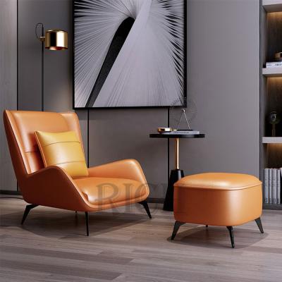 China Leisure Modular Nordic Style Chairs Orange Color Relax Accent Chair With Stool Living Room Furniture Leather Saddle Lounge Chair for sale