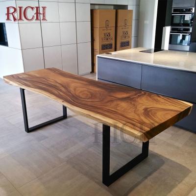 China Home Eco-Friendly Rectangular Natural Thick Wooden Table Live Edge Solid Slab Restaurant Furniture Stainless Steel Base Dining Table for sale