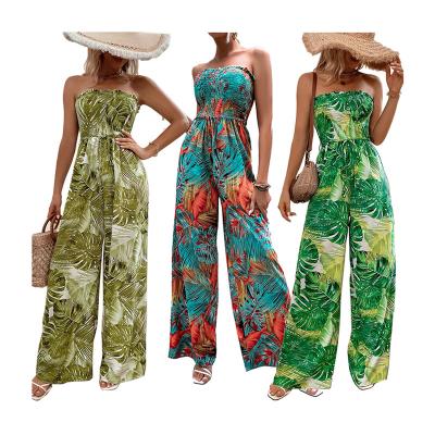 China QUICK DRY European And American Women's 2023 New Seaside Holiday Beach Romantic Leaf Style Sleeveless Sexy Chest Print Jumpsuit for sale