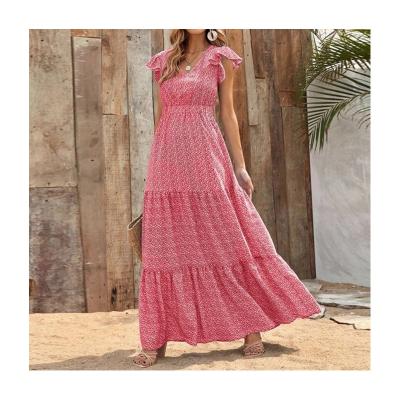 China Anti-Static Factory Custom 2023 New V-neck Dress Romantic Printed Short Sleeves Tucked In Long Boho Dress for sale