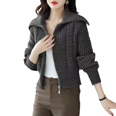 China Anti-wrinkle Women's high waisted zippered sweater jacket short autumn and winter outerwear with large lapel thickened knit cardigan for sale