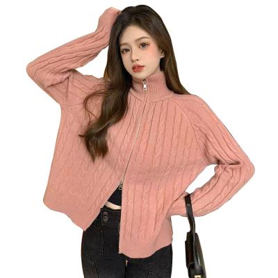 China Anti-wrinkle Fried Dough Twists Zipper Sweater Coat Women' Autumn and Winter Thickened Outwear Stand Collar Knitted Cardigan Loose Lazy Style for sale