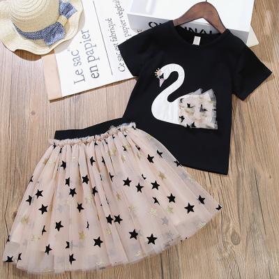 China Korean version 2021 summer new girl's short-sleeved swan blouse women's baby suit plus two-piece star mesh skirt for sale