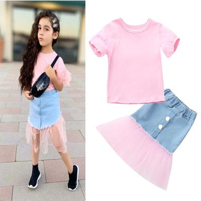 China 2020 Anti-Static Baby Dresses Summer Girls Fashion Suit Short Sleeve T+Denim Skirt Skirt Girl Dresses for sale