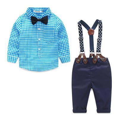 China Anti-static Korean Children's Clothing Set Children's Plaid Shirt Strap Suit Baby's Clothing Set for sale