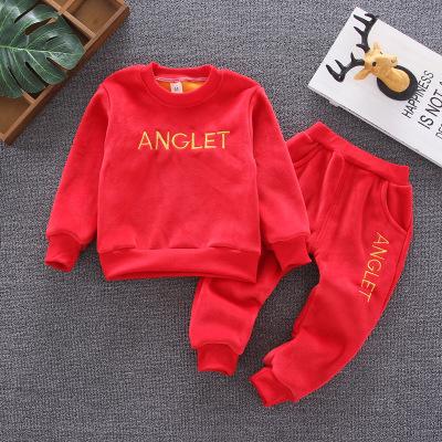 China Children's velvet baby clothes 2019 autumn and winter boy's clothing casual children's suit plus double-sided sweater new longs for sale