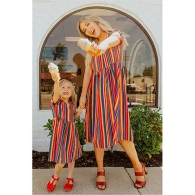 China 2020 New Rainbow Anti-shrinkage V-neck parent-child dress striped parent-child clothing for sale