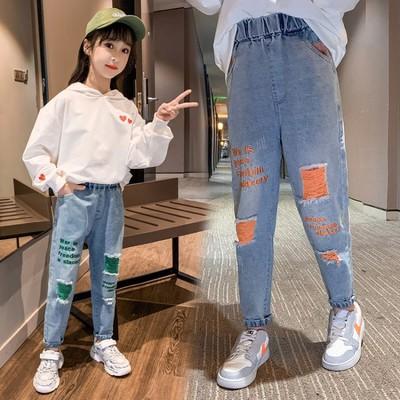 China 2020 new QUICK DRY female children's virgin children's jeans pants Tong Chunqiu fashion hole jeans pants large for sale