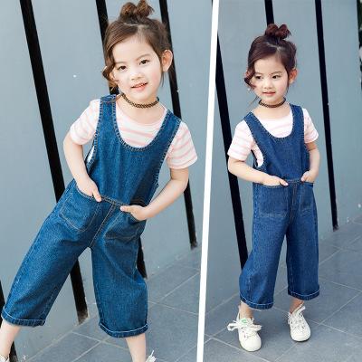 China Girls QUICK DRY Big Bib Pants Jeans 2020 New Spring Children's Wear Siamese Loose Long Pants for sale