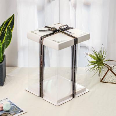 China Recyclable handmade rectangle customized transparent pet cake box in stock with ribbon and window for sale