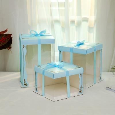 China Wedding Recyclable Tall Plastic Box With Ribbon Custom Wholesale Luxury Birthday Cakes Boxes for sale