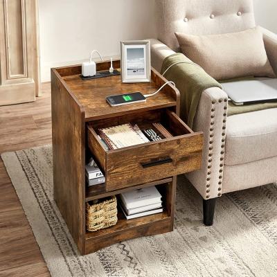 China Rustic Expandable Nightstand Brown Side Table with Charging Station/USB Ports/Outlets/Drawer Shelves/Storage for sale