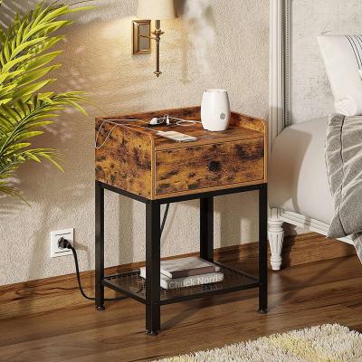 China Expandable Rustic Nightstand BrownEnd Table with Charging Station /USB Ports /Drawer /Metal Shelf for sale