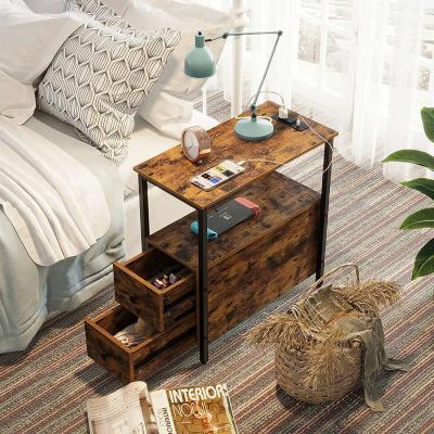 China Narrow Expandable Nightstand Sofa Table Cabinet End Table Side Table with Charging Station 2 Drawers and USB Ports and Wooden Outlets for sale