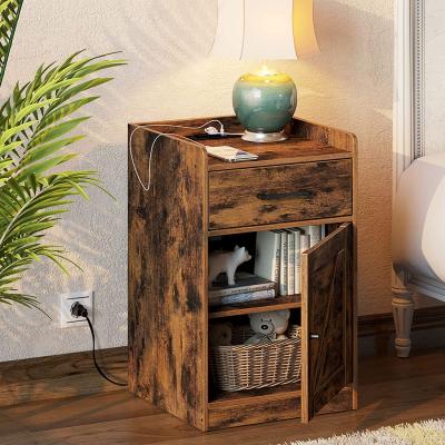 China Nightstand Extendable Farmhouse End Side Table with Charging Station Storage Drawer and Cabinet for Bedroom for sale