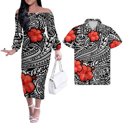 China Breathable Polynesian Women's New Arrival Customization Style Tribal Girl Of The Dress Off The Shoulder Dress Match Men'S Shirt Couple 2 Pcs Sets for sale