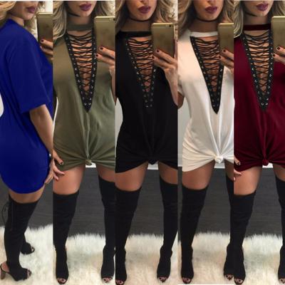 China Hot Selling Anti-Static Loose Solid Women's Oversized T-shirt Short Dresses Slash V Neck With Tieback for sale