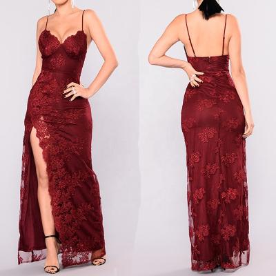 China Anti-static spaghetti tie lace sexy lady embroidery long v neck formal evening red dress bride with slit for sale