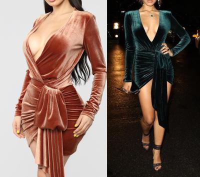 China Women's Evening Wear Anti-Static Even V-Neck Deep Sleeve Velvet Deep Waist Bodycon Twisted Sexy Bodycon Twisted Long Mini Dress for sale