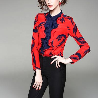 China Color Fashion Style Party Dress Breathable Retro Chiffon Printed Ladies Long Sleeve Ruffled Neck Blouses For Women for sale