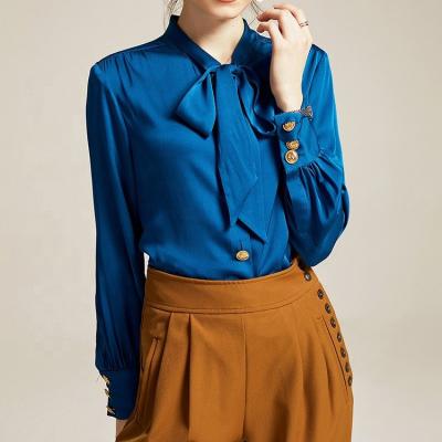 China Anti-pilling elegant polyester woven button style bow neck ladies chiffon shirt blouses tops for women for sale