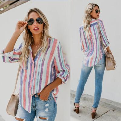 China Anti-pilling Casual Wear Women's Linen Material Rainbow Color Loose Vertical Striped Long Sleeve Button Shirt Blouse for sale