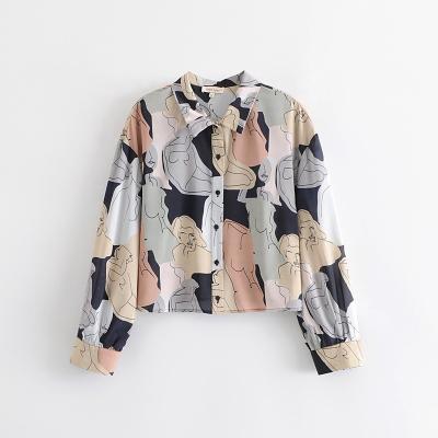 China Anti-pilling Button Up Colorful Graffiti Character Women's Chiffon Blouse Digital Printed Long Sleeves for sale