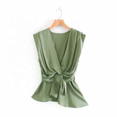 China Anti-pilling summer European and American short belt women's new buckle causal sleeveless shirt tops for sale