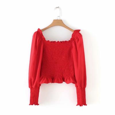 China Anti-pilling European and American women's fashional square stretch collar elastic tops and blouses ladies long bat sleeve for sale