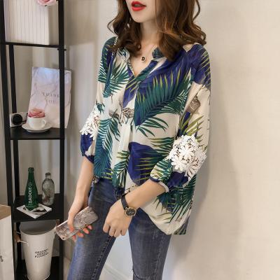 China Anti-pilling Women Plus Size V-neck Colorful Chiffon Long Sleeve Tropical Hawaiian Print Casual Blouse Shirt For Sale for sale