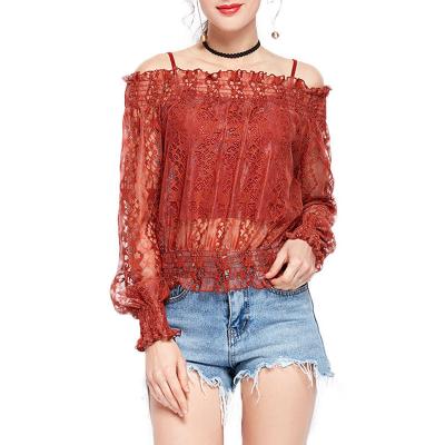 China Custom Knitted Women Anti-pilling Sexy Long Sleeve Hollow Out Shoulder Strap New Fashion Lace Tops Blouse Designs for sale