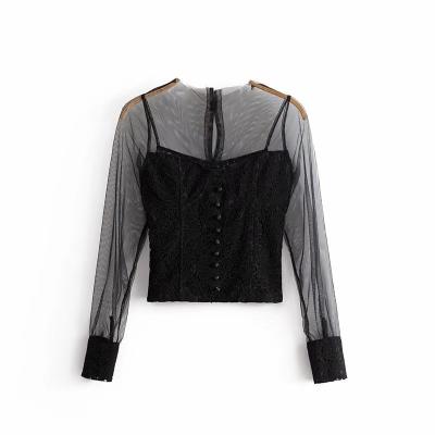 China Joker Spring Anti-pilling Transparent Lace Inner Gauze Mesh Basing Causal Shirt T-shirt Top for sale