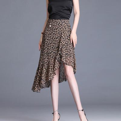 China Anti-Static / Anti-Wrinkle / Eco-Friendly Breathable Washable Asymmetrical Drape Ruffles Leopard Pattern High Waisted Women Chiffon Long Skirt European Manufacture for sale