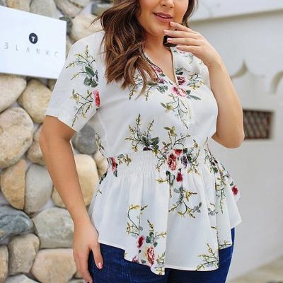 China Anti-pilling casual colorful floral print short sleeve zipper collar plus size ladies' shirts and blouses for women for sale