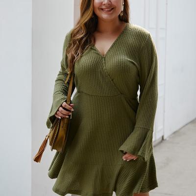 China Anti-Static Plus Size Cotton V-Neck Long Sleeve Flare Knitted Casual Biutique Spring Ruffle Dress For Fat Woman for sale