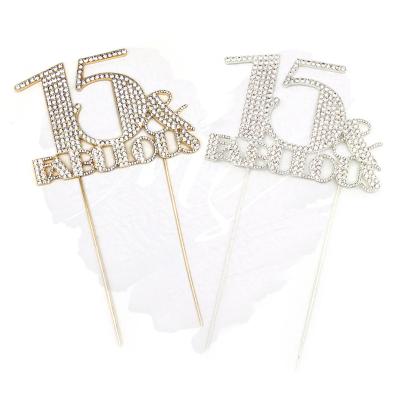 China New Arrival Custom 15th Birthday Gold Silver Rhinestone Cake Topper Cake Decor Accessory 15th and Party Fabulous Rhinestone Decoration for sale