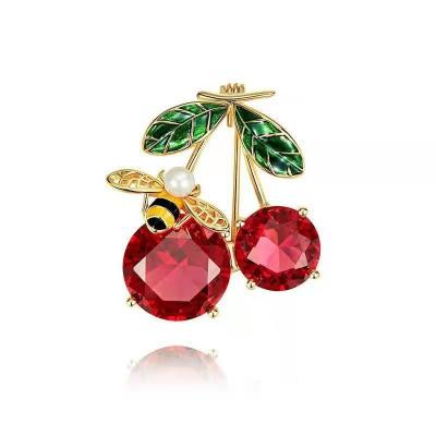 China Cute Bee Cherry Brooch Pin Enameled Alloy Rhinestone Animal Fruit Brooches Lapel Pins For Dress Accessories for sale