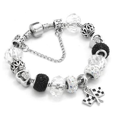 China New Motorsport Flag Black And White Checkered Flag Bracelet CLASSIC Alloy Adjustable Beaded Bracelet for sale