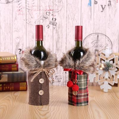 China Festival Decoration Selection Christmas Home Wine Cabinet Decorations Christmas Red Wine Bottle Covers Striped Plush Plaid Red Wine Bottle Cover for sale