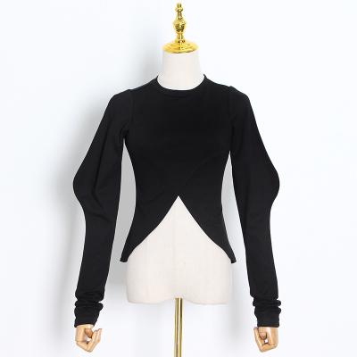 China New O Neck Anti-wrinkle Solid Color Long Sleeve Sweater Trimming And Irregular Crossover Sweater for sale