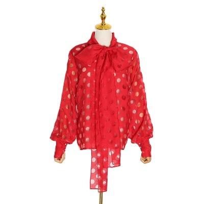 China 2020 New Anti-Wrinkle Clothing Women's Blouses With Bow Collar Polka Dots Top Long Sleeves Lantern Pattern Shirts For Female for sale