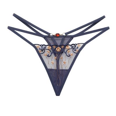 China French Hollowed- Out Anti-Wrinkle Transparent Gauze Embroidered Underwear Women Retro Sexy Thong OEM Customized Logo for sale