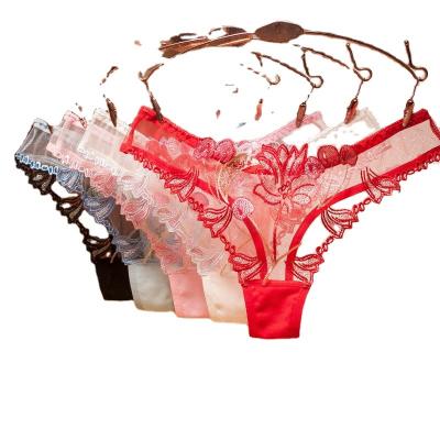 China QUICK DRY Sexy Open Thong G-String Embroidery Mesh Panties for sale