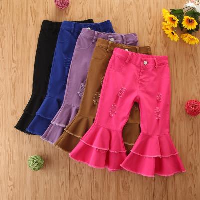 China 2020 New Breathable Kids Girls Flare Pants Toddler Kids Baby Solid Color Holes Ripped Denim Bell-Bottom Pants for sale