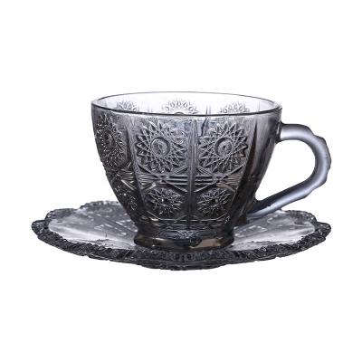 China Drink Nordic Vintage Relief Flower Pattern Coffee Mugs Water Coffee Tea Luxury Milk Cups Condensed Coffee Glass Cup Saucer Costume Set for sale