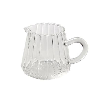 China Beverage Stripe Glass Japanese Milk Jug With Handle Cup Coffee Milk Tea Separator Transparent Milk Frothing Jug for sale